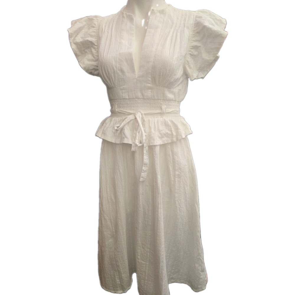 Women's o.p.t.  White Cotton Midi Dress With Elastic Waist And Ruffle Sleeves Sz